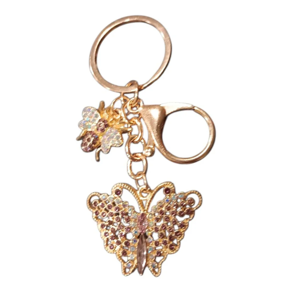 Amethyst Color Rhinestone Butterfly Bumblebee Gold Tone Keychain Purse Charm